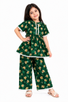 Elegant Floral Printed Lace-Trimmed Peplum Top and Trouser Set for Girls – Deep Green
