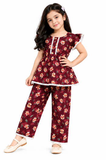 Elegant Floral Printed Lace-Trimmed Peplum Top and Trouser Set for Girls – Maroon