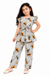 Floral Printed Peplum Top and Wide-Leg Trouser Set for Girls – Soft Grey